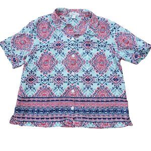 Coldwater Creek Button Front Short Sleeve Blouse PL Geometric Pattern Linen